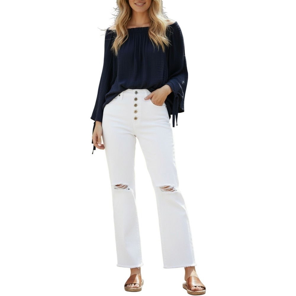 Calvin Rucker Romantic Navy Blue Off Shoulder Bell Slve Blouse M Minimalist USA